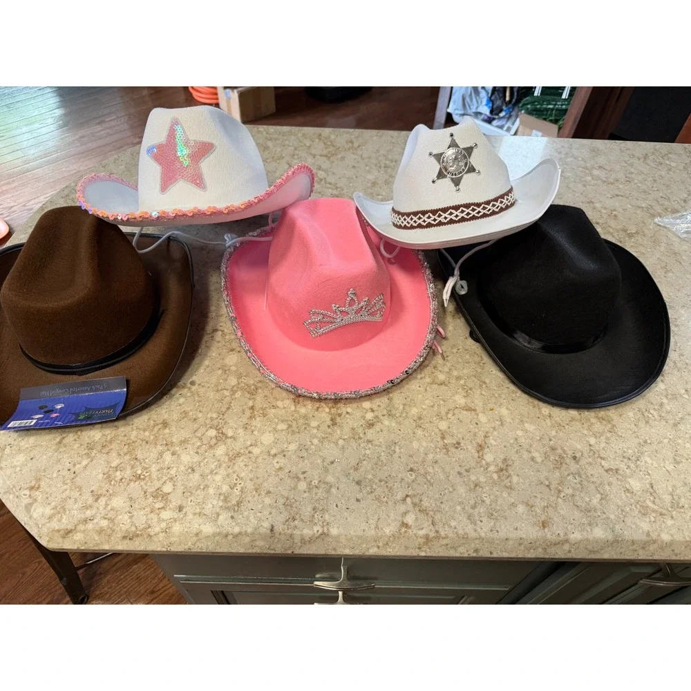 Funny Party Hats 5 Pack Assorted Cowgirl Cowboy Hats Pink Tiara Sheriff Star New